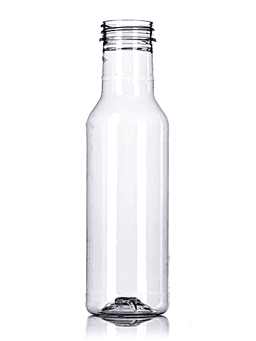 Clear glass bottle with narrow neck for sauces, syrups, or condiments