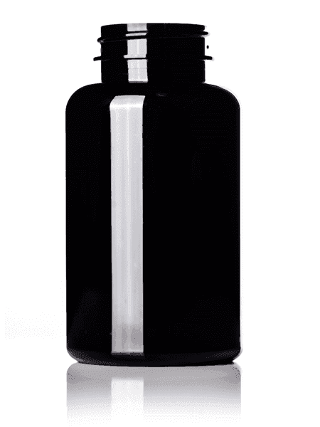 Black plastic vitamin bottle with wide-mouth neck for capsules or supplements