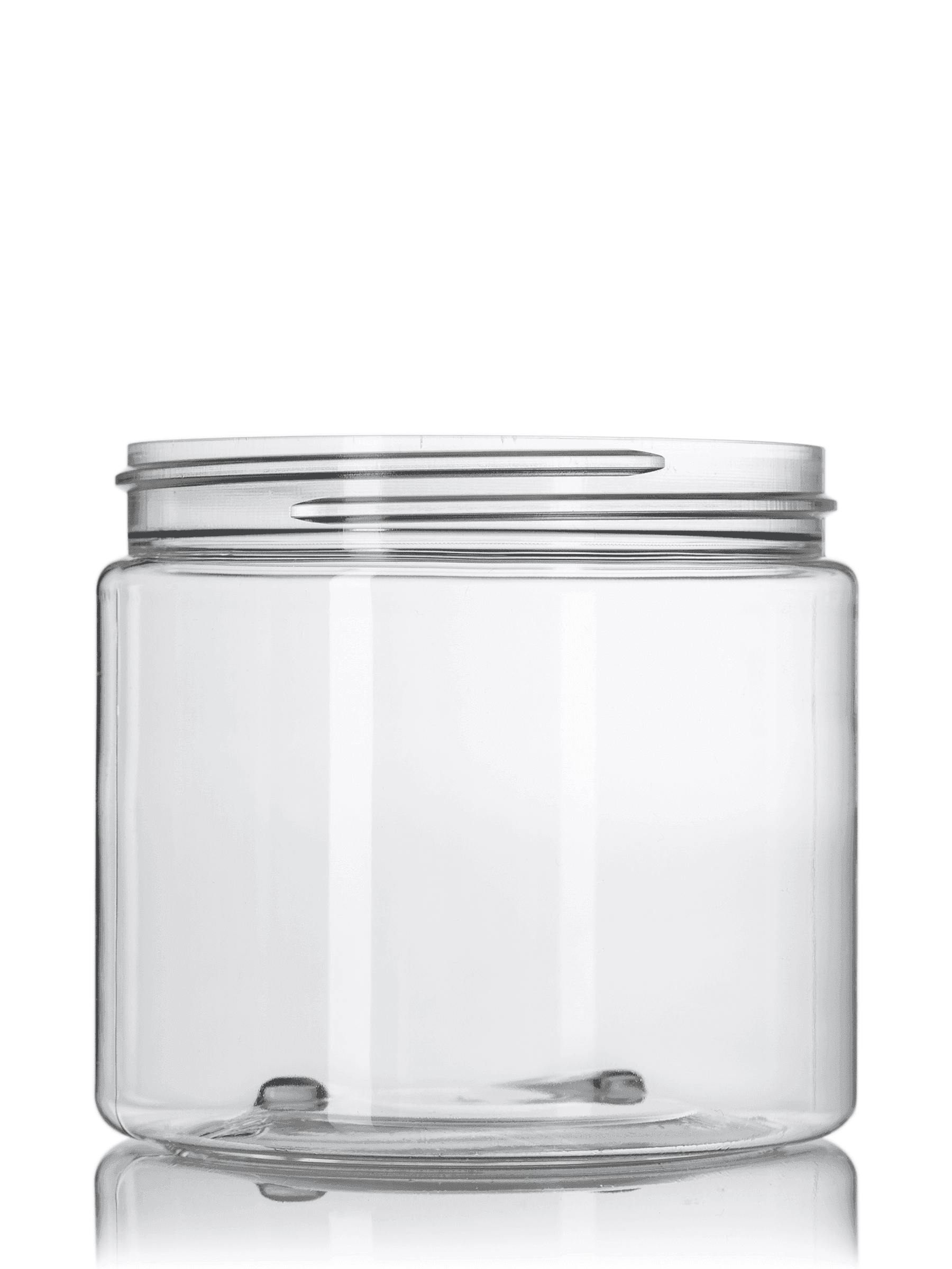 Clear plastic jar with wide-mouth opening for body and skincare products