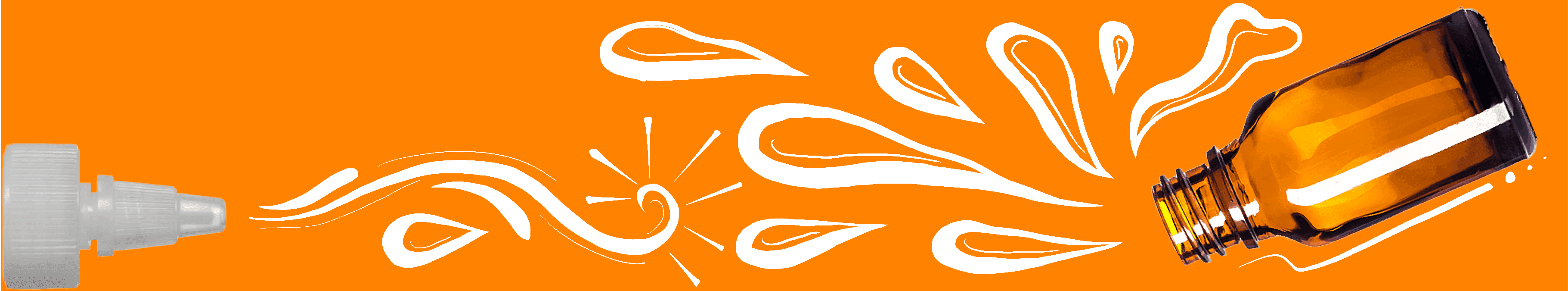 Amber bottle and nozzle dispenser with illustrated paint splash on orange background for art supply use