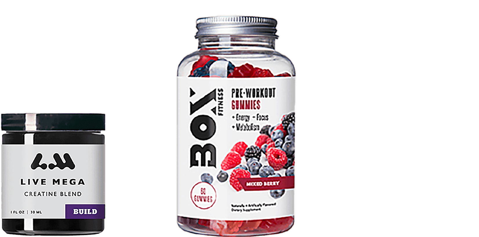 Labeled supplement containers including powder jar and pre-workout gummy bottle with fruit graphics